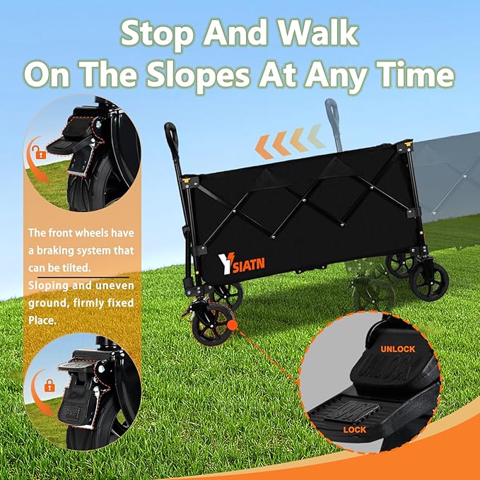 Collapsible Wagon Cart with Brake, Foldable Wagon Cart with All Terrain Wheels, Large Grocery Carts On Wheels, Heavy Duty Utility Wagons for Shopping Beach Sports Fishing Camping, 130L, Black