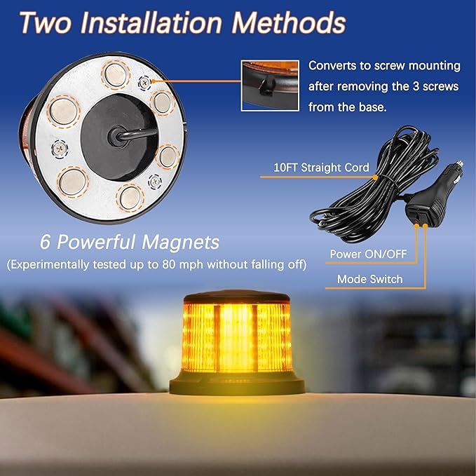 64LEDs Amber Strobe Lights for Trucks, 12-24V Safety Flashing Warning Light, 10 Modes Amber Emergency Lights for Vehicles, Magnetic Beacon Light for Trucks Vehicles Cars