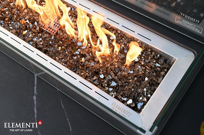 Elementi+ | Valencia Gas Fire Pit | Cast Concrete Body & Marble Porcelain Top | 62" Rectangular Fire Table | Electronic Ignition | Canvas Cover, Fire Glass & Burner Lid Included | Black | Natural Gas