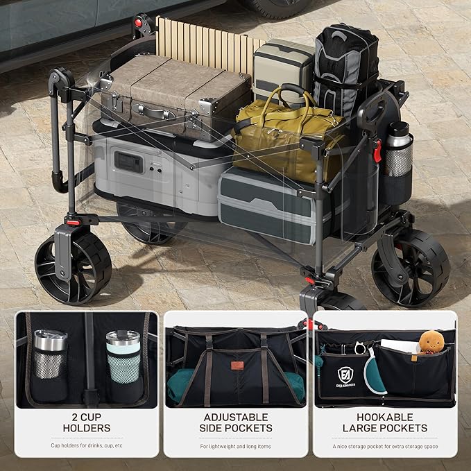 EVER ADVANCED Folding Push Wagon with Brakes, Portable Shopping Cart, Collapsible Wagon Cart with All-Terrain Big Wheels for Camping, Beach, Sports