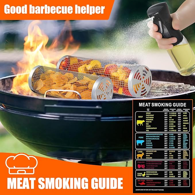 2 pcs Rolling Grilling Baskets for outdoor grilling, BBQ Stainless Steel Grill accessories set for Outdoor Grill, Grill Baskets Suitable for Vegetable,Fries,Fish, Shrimp, Grill BBQ Net Tube with Barbecue accessories