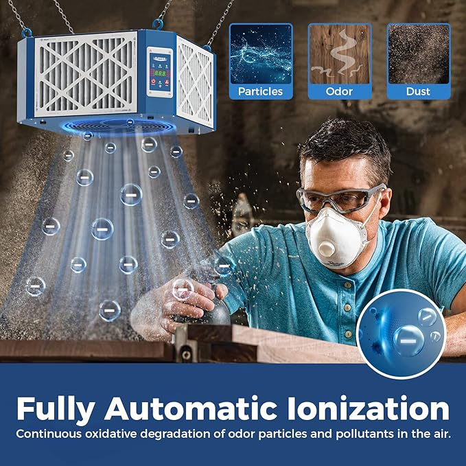 AlorAir 360 degree Intake Air Filtration System - (1350 CFM) with Strong Vortex Fan, Built-in Ionizer, Shop Dust Collector for Woodworking Shop, Garage Works Shop, Purecare 1350IG