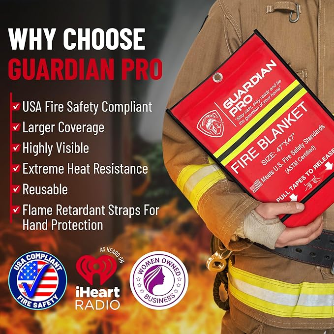 Guardian Pro New 2025 Emergency Fire Blanket for Home and Kitchen - 1 Pack Over 40"x40" Flame Suppression Fiberglass Fire Blankets for House Camping Car Office Warehouse Emergency Survival Safety