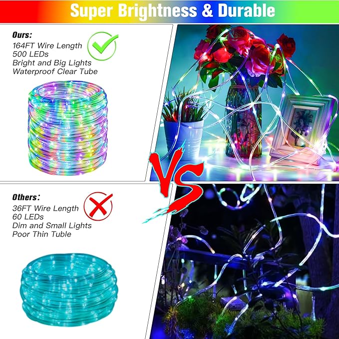 164Ft Rope Lights Outdoor, 500 LEDs 18 Colors Changing String Lights Plug in with Remote, IP68 Waterproof Twinkle Fairy Light Rope Lighting Indoor for Bedroom Patio Christmas Halloween Decor