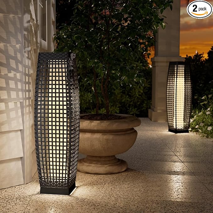 Grand patio 2-Piece Outdoor Floor Lamp Solar Powered Lantern Water-Resistant Wicker Deck Light for Garden or Porch - Medium Fuji, Silver Gray