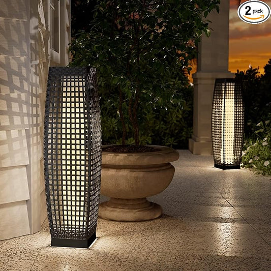 Grand patio 2-Piece Outdoor Floor Lamp Solar Powered Lantern Water-Resistant Wicker Deck Light for Garden or Porch - Medium Fuji, Silver Gray
