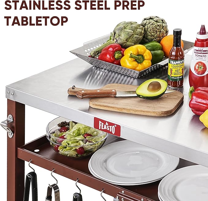 3-Shelf Outdoor Grill Table,Grill Cart Pizza Oven Table for Outside,Movable Prep Cart,Indoor & Outdoor Cooking Station,Grill Cart with Wheels, Metal Work Table for Ooni 14'' Blackstone Griddle