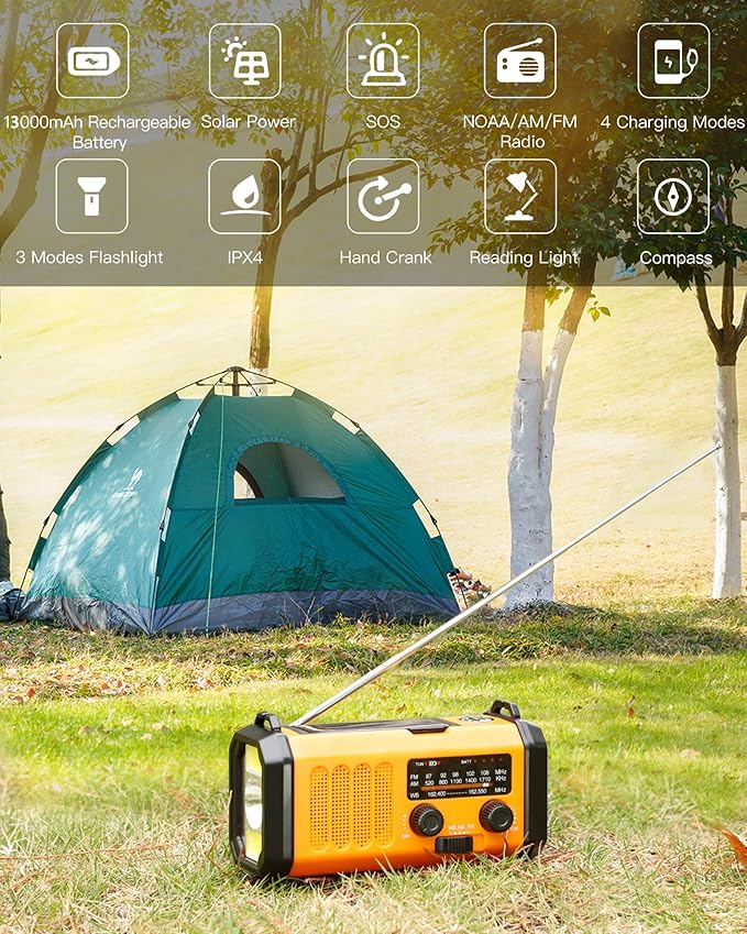 48100mWh/13000mAh Emergency Weather Radio, 4 Way Powered AM/FM/NOAA Portable Solar Crank Radio, Dynamo Phone Charger,700LM LED Flashlight/Reading Lamp,SOS,Compass for Hurricane Storm Camping Survival
