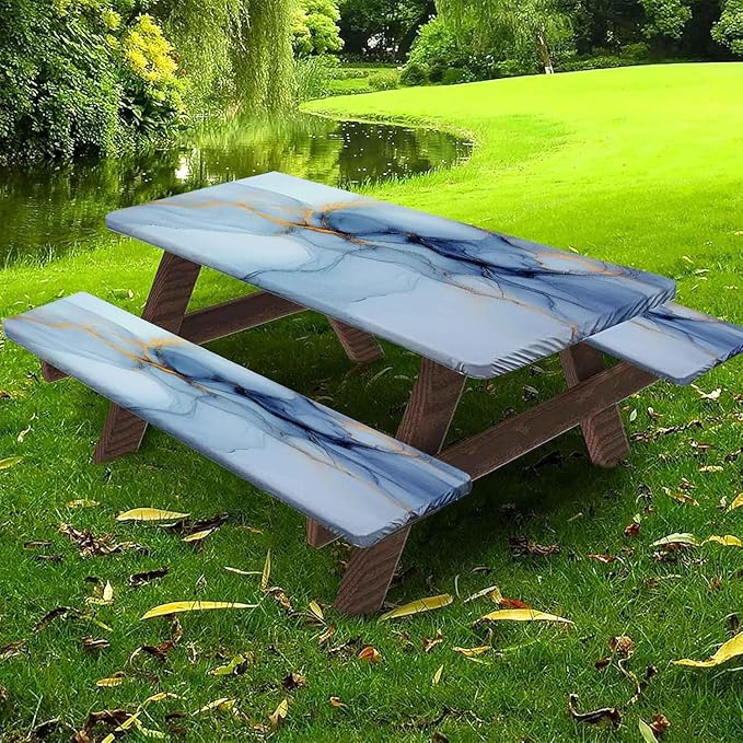 CAPSCEOLL Fitted Picnic Table Cover with Bench Covers with Elastic 6Ft Waterproof Camping Picnic Table Cover Cloths for Outdoors Camping Tablecloth with Drawstring Bag, 72X30in, Blue Marble