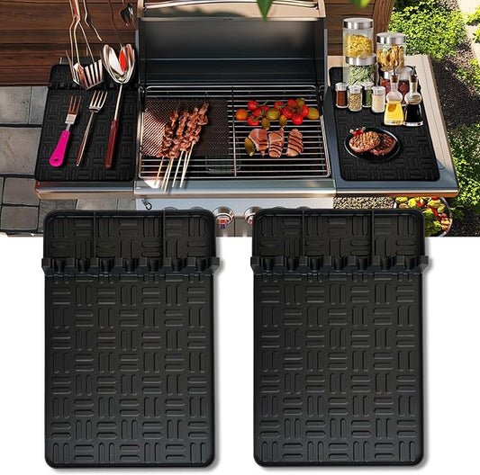 2PCS Silicone Griddle Tools, Large Spatula Mat with Drip Pad, Side Shelf Mat for Grill BBQ Accessories (Black, 15.35" x 10.63")