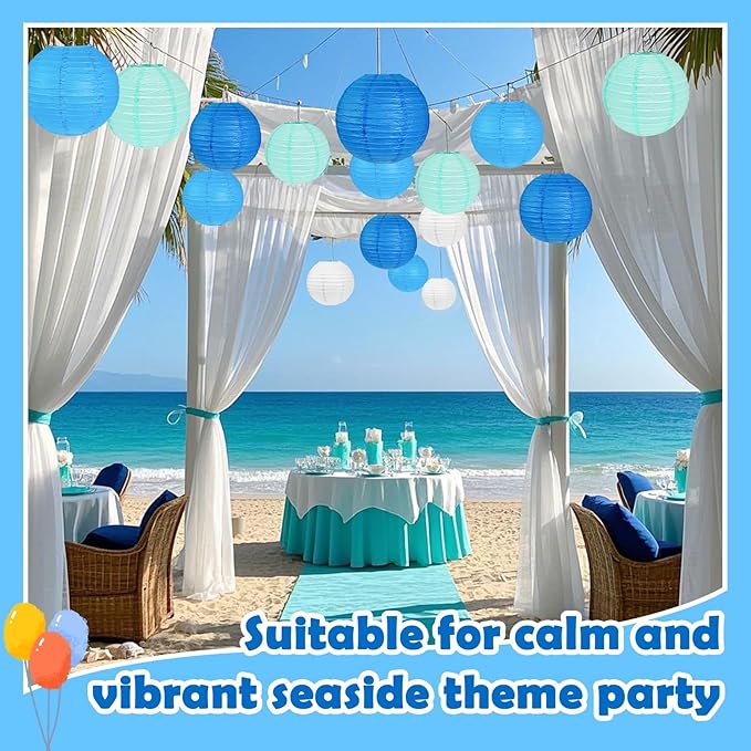 12Pcs Blue and White Paper Lanterns Assorted Sizes (6" 8" 10" 12") for Home Decor, Wedding, Birthday, Mamma Mia Party Decorations, Hanging Chinese Japanese Paper Lantern (3 Blue Colors)