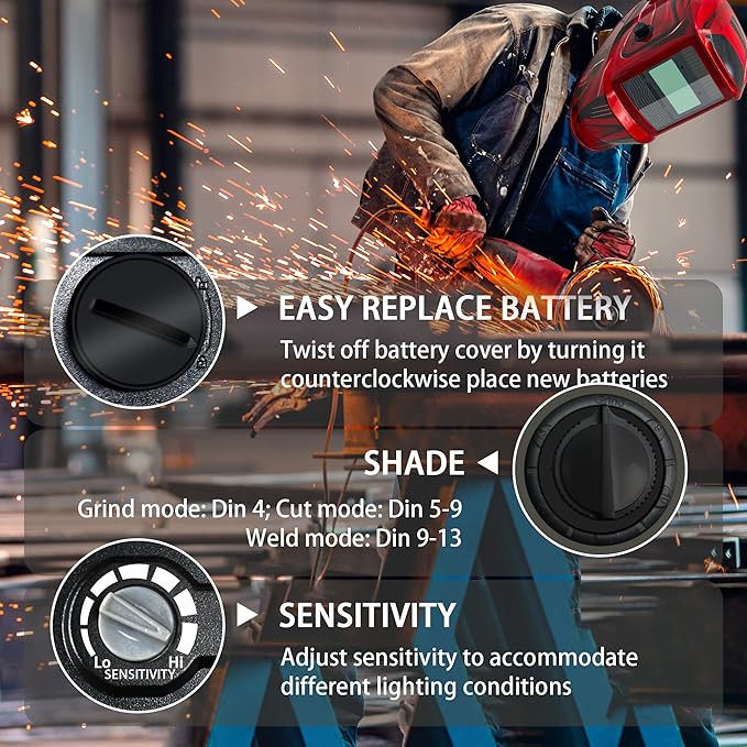 Auto Darkening Welding Helmet with Large Viewing Screen, Solar Powered, Adjustable Shade Range 9-13, Lightweight Welding Mask for TIG MIG ARC Plasma Cutting