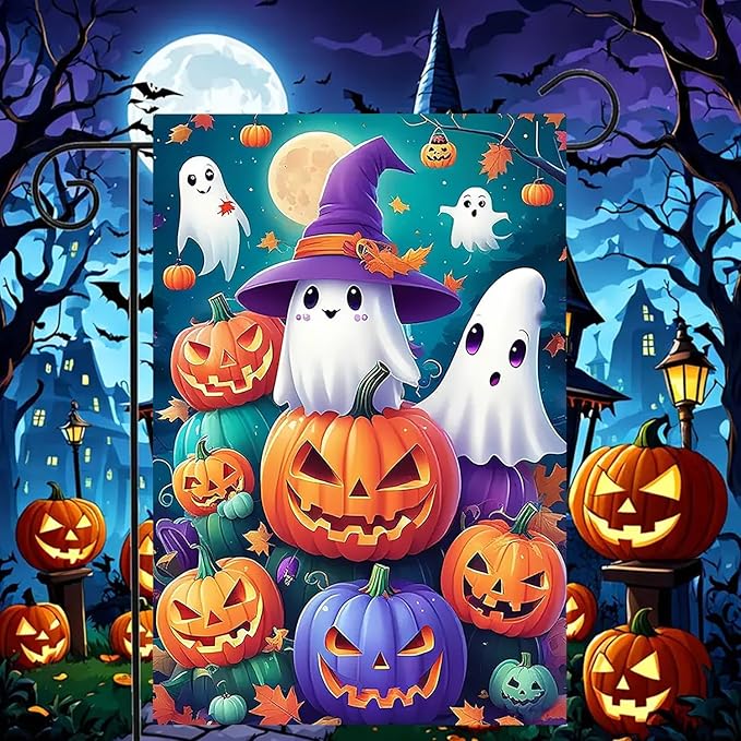 Halloween Garden Flag for Outside 12x18 Inch Double Sided, Pumpkin Ghost Small Yard Flags for Outside, Halloween Outdoor Flag Front Porch Decorations for Home