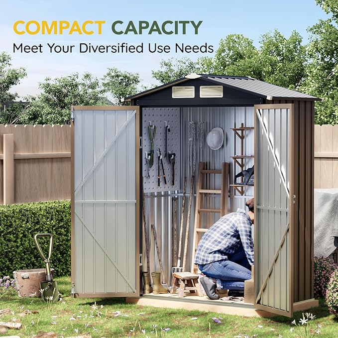 Breezz 5x3FT Outdoor Steel Storage Shed, Lockable Doors, Compact Metal Tool Shed for Garden, Backyard, Patio, Utility, and Bike Storage,Brown
