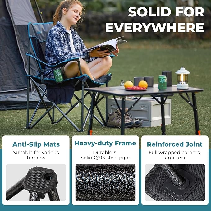 FUNDANGO Oversized Camp Chair for Adults, 2 pack,Heavy Duty Portable Foldable Lawn Chair with padded Seat & back, Lumbar Support, 4-can Cooler & Cup holder, Carry bag included for outdoor (Black/Grey)
