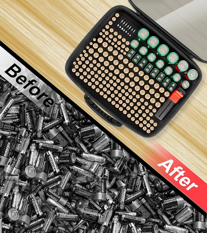 Battery Organizer Storage Case with Tester,Stores & Protects Up to 200+ Batteries, Clear Cover with Easy Carry Handle, Garage Gadget Organization Holds AA AAA C D 9V