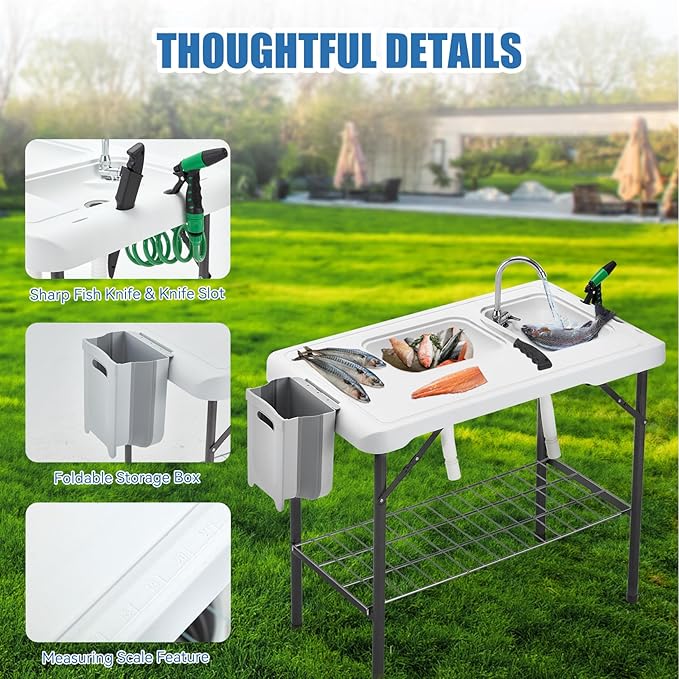 Folding Fish Cleaning Table Portable Camping Double Sinks Table w/2 Dual Water Basins, Faucet Drainage Hose & Sprayer Outdoor Fish Fillet Cleaning Station w/Knife, Storage Box,Black