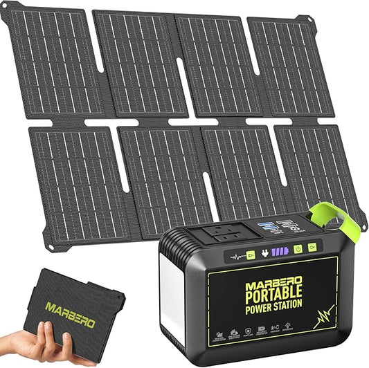 MARBERO 80W Solar Powered Generator with Panels 25W Included, 88.8Wh Lithium Battery Portable Power Station with AC Outlet 120W Peak Fast Charging 110V for Camping Outdoor Home Backup Backup RVs
