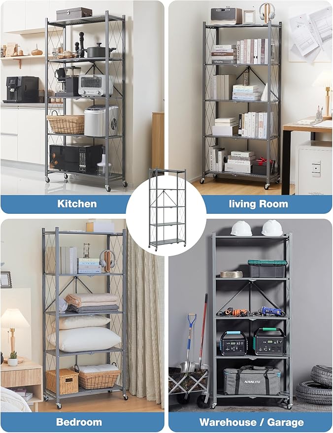 ALANNG 70.7" H Metal Storage Shelves, 5 Tier Folding Storage Shelves on Wheels, Heavy Duty Collapsible Shelving Unit, No Assembly Storage Rack for Kitchen, Basement, Pantry (Grey,1 Pack)