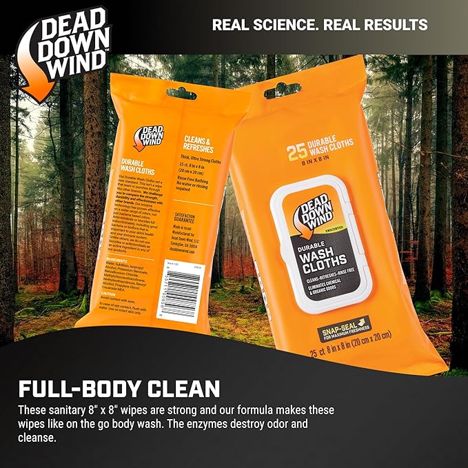 DEAD DOWN WIND Durable Wash Cloth W/Snap Lid Closure (25Ct) - Scent Eliminating Sheet - Durable Hunting Scent Eliminators - Advanced Hunting Gear