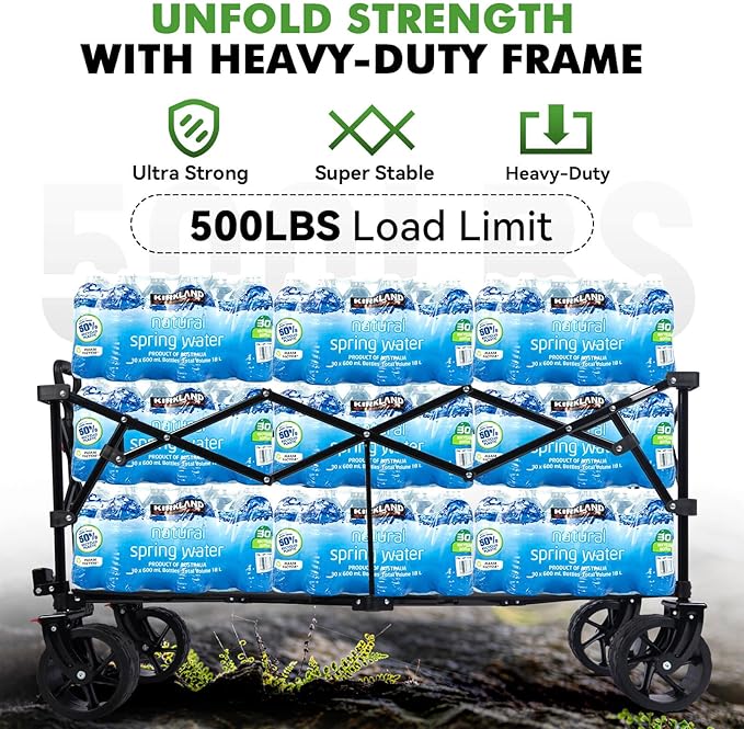 Hikenture Extended Collapsible Wagon, 500 LBS Wagons Carts Foldable, Heavy Duty Beach Wagon with Big Wheels for Sand, 300L Large Capacity Foldable Wagons, Utility Grocery Cart for Garden, Sports