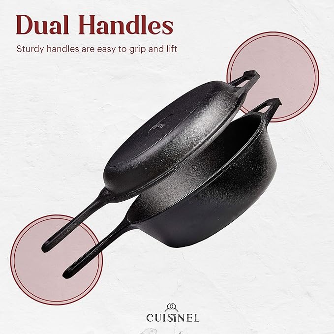 Cuisinel Cast Iron Skillet + Lid - 2-In-1 Multi Cooker - Deep Pot + Frying Pan - 3-Qt Dutch Oven - Pre-Seasoned Oven Cookware - Works for Bread, Indoor/Outdoor, Grill, Stovetop and Induction