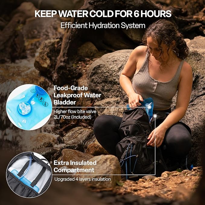Everfun Hydration Backpack 18L with Water Bladder 2L/3L Hiking Water Backpack Women Men Hydration Pack Insulated Lightweight Day Hydropack with Storage for Hiking, Biking, Running, Festival