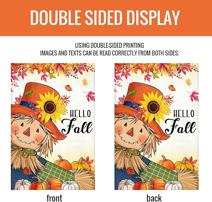 Fall Scarecrow Pumpkin Garden Flag 12x18 Inch Double Sided Burlap Autumn Thanksgiving Sunflower Flag for Outside Farmhouse Garden Yard Lawn Outdoor Decorative