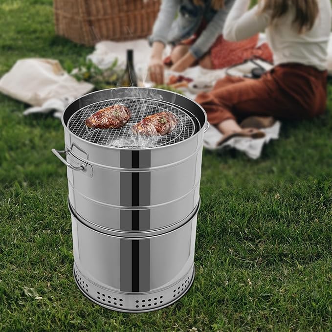 Stainless BBQ Grill Barrel,Portable 360°Smokeless Barbecue Grills,Silver Steel Kebob-Grill with 50 Skewers,Outdoor Cooking and BBQ,Camping Picnic Patio Backyard