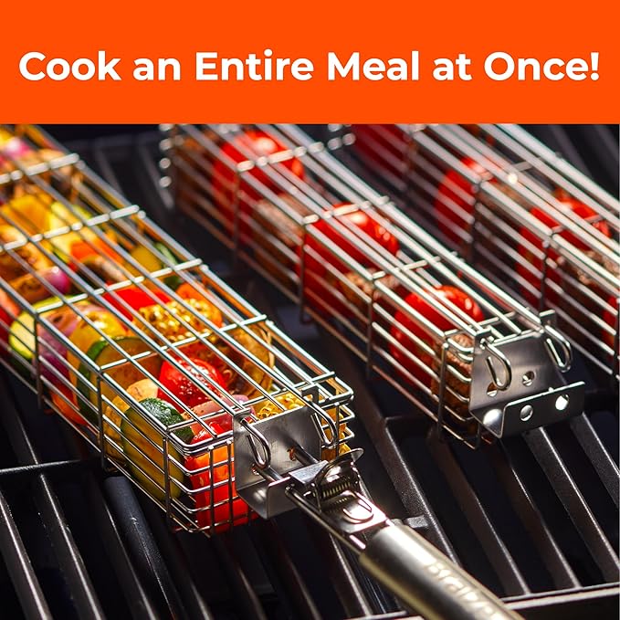 Large Grilling Basket Set – 3 Stainless Steel Kabob Baskets with Removable Handle & Scrubber Sponge – Heavy-Duty Grill Accessory for Veggies, Meat & More