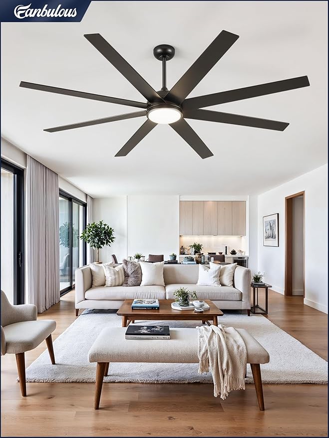 74 Inch Ceiling Fans with Lights and Remote, Black Indoor/Outdoor Ceiling Fan with Quiet Reversible DC Motor, 6 Speeds, 3CCT, 8 Blades Large Ceiling Fan for Living Room Bedroom Patio