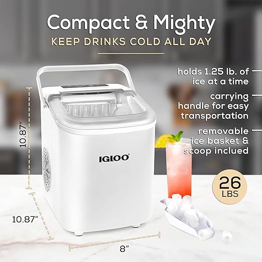 Igloo Automatic Self-Cleaning Portable Electric Countertop Ice Maker Machine With Handle, 26 Pounds in 24 Hours, 9 Ice Cubes Ready in 7 minutes, With Ice Scoop and Basket, White