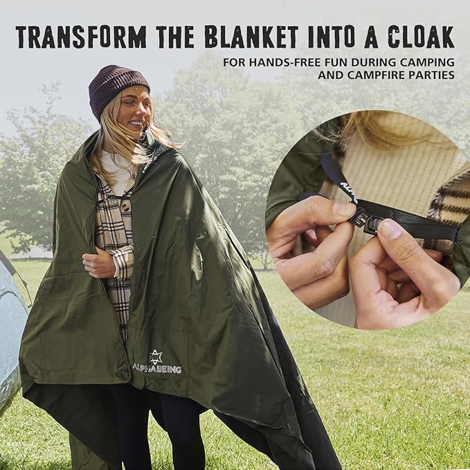 AlphaBeing Waterproof Outdoor Blanket with Merino Wool, Extra Thick Warm, Windproof, Packable Stadium Blankets for Cold Weather, Camping Gift, Pet, Car, Picnic, Concerts, 79" x 59", Olive