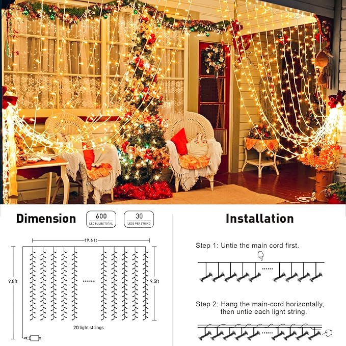 JMEXSUSS 600 LED Christmas Curtain Lights Outdoor, 9.5x19.6ft Christmas String Light Plug in with Remote, 8 Modes Wall Hanging Lights for Bedroom Party Backdrop Wedding Xmas Decor, Warm White