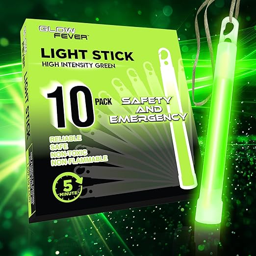 Glow Fever Super Bright Emergency Safety Military Grade Glow Sticks with 5 Minutes Duration. Great for Concerts Live Events, Camping, Dancing, Weddings and Summer Vacation (Green, 10PCS)