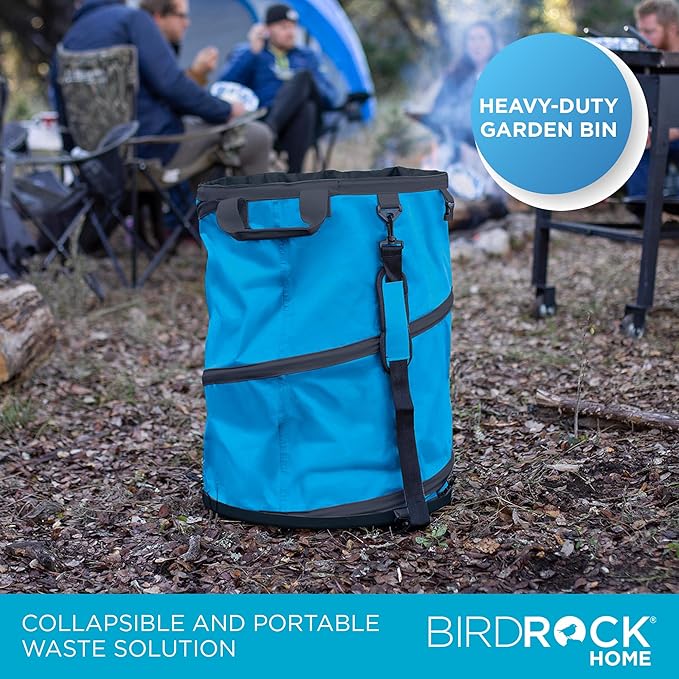 BIRDROCK HOME Collapsible Lawn and Leaf Waste Bag with Lid - 30 Gallon - Heavy Duty Reusable Camping Trash Can - Hardshell Bottom for Yard Debris, Garage Storage - Portable Garden Bin - Blue