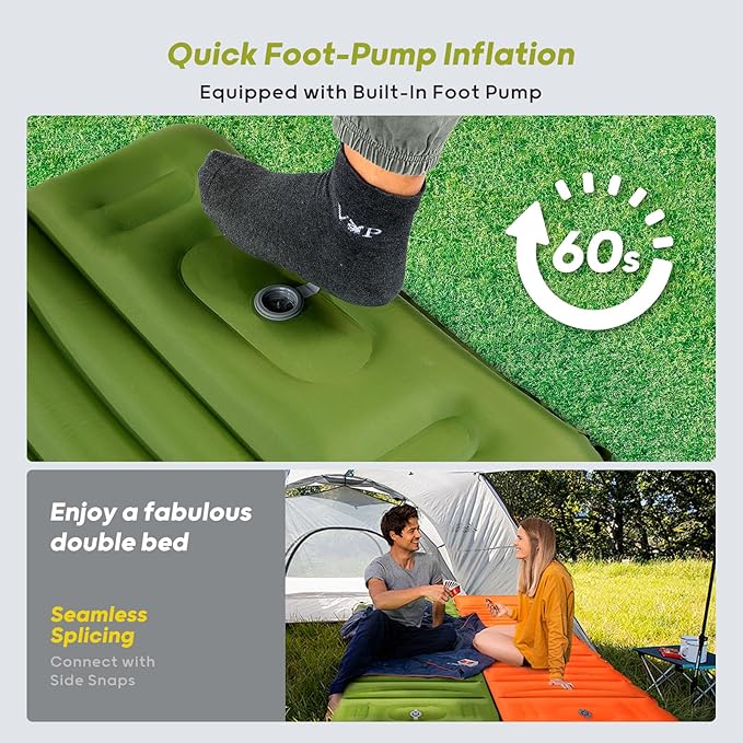4 Inch Thick Inflatable Sleeping Pad for Camping, with Foot Pump and Pillow, Lightweight Camping Mattress for Outdoors, Backpacking, Hiking