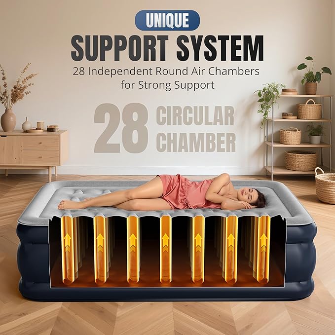 Full Air Mattress with Built-in Pump, 18" Top Inflatable Mattress with Waterproof Flocking Fabric, Three-Minute Quick-Inflatable Bed. Portable Blow Up Mattress for Home, Outdoor and Guests