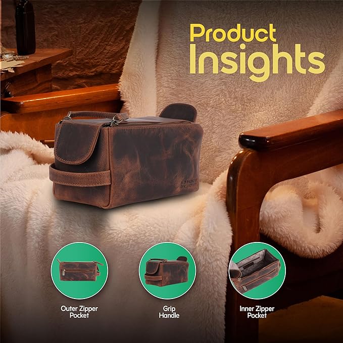 Genuine Leather Travel Toiletry Bag for Men and Womens Makeup Bag Organizer, Grooming and Shaving Essentials- Mens Dopp Kit for Travel - Large Cosmetic Bags for Women - Vintage Tan