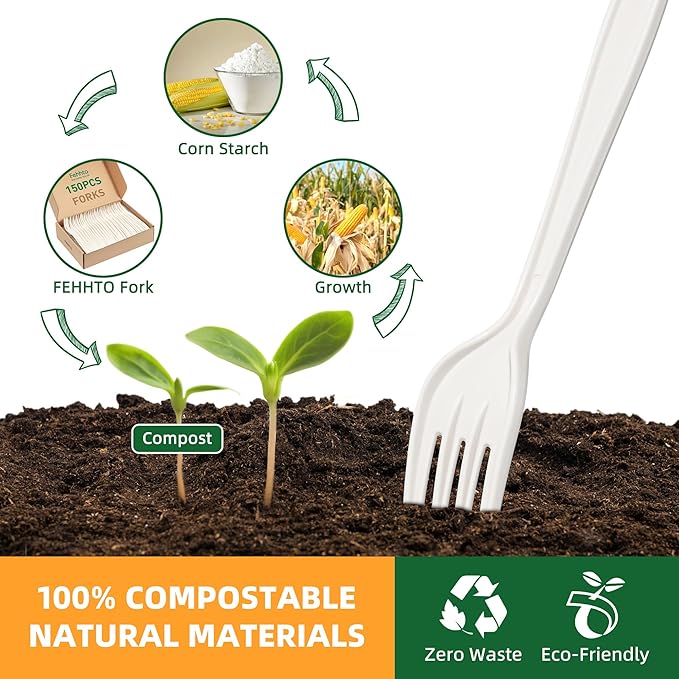 100% Compostable Fork, 7" 150pcs Disposable Cornstarch Forks Heavy Duty Cutlery BPI Certified Eco-Friendly Utensils Biodegradable Party Dinner Supplies No Plastic, Ivory White