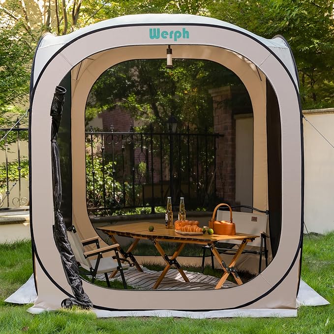 Pop Up Tent，Portable Canopy Tent with Mesh Mosquito Net, Screen House Room Canopy Shade Screen 6 x 6 FT with Carry Bag for Patio, Backyard, Sports & Outdoors Activities, Beige