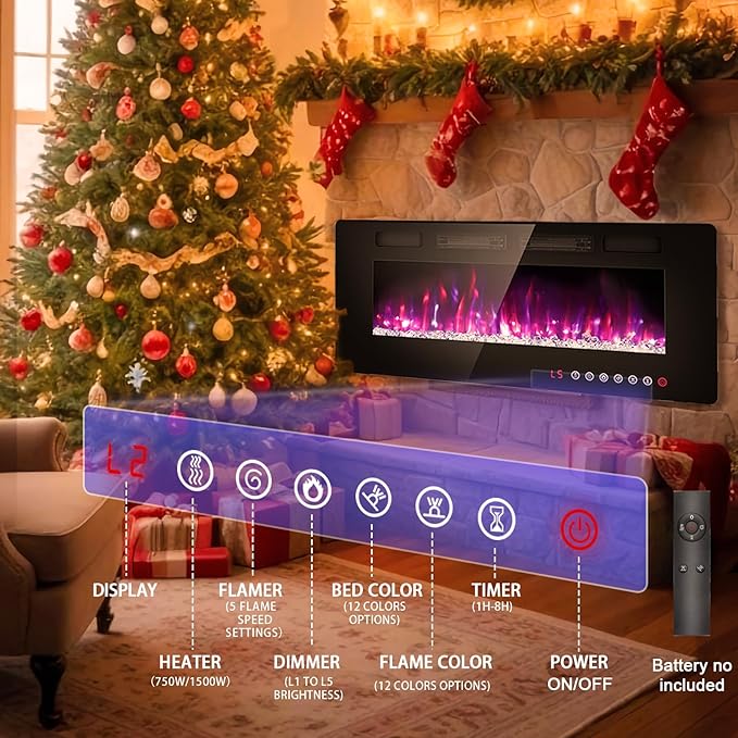 BREEZEHEAT 60 Inch Ultra Thin Electric Fireplace-Freestanding or Recessed Wall Mounted Fireplace Heater, Remote Control, Touch Screen, 750W/1500W, 8H Timer for Living Room, Bedroom, Office