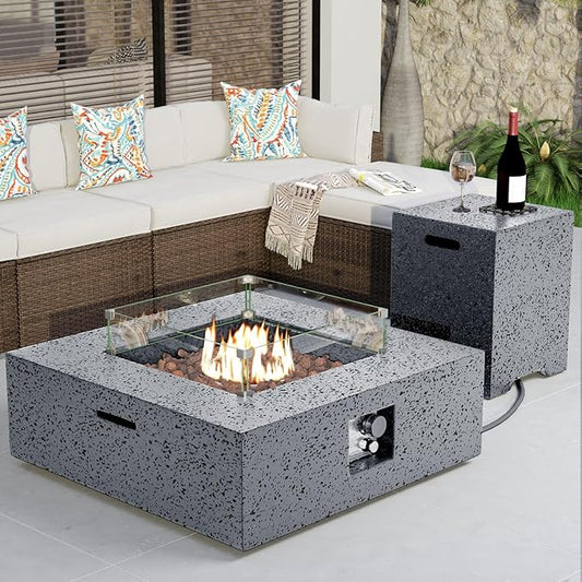 COSIEST Outdoor Propane Fire Pit Coffee Table w Square Faux Stone 35-inch Base, CSA Certified, 50,000 BTU Stainless Steel Burner, Free Lava Rocks and Rain Cover, Wind Guard, Tank Cover,Gray