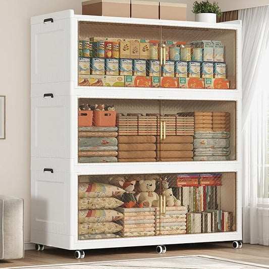 240GAL Extra Large Stackable Storage Bins with Lid, 960QT Plastic Closet Organizer and Storage Cabinet with Wheels and Doors, Folding Storage Box Container for Home Organization, 3Pack White