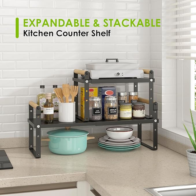 DOLALIKE Expandable kitchen Countertop Organizer, Stackable Cabinet Shelf Organizers, Space Saving Spice Rack Pantry Storage for Bathroom Office Organization (6.9''D*13-19.7''W*7.9''H, Black)