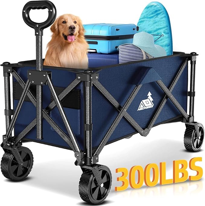 Collapsible Wagon Cart Foldable with 300lbs Load-Bearing, Heavy Duty Folding Wagons Carts with All Terrain Wheels, Utility Beach Wagon for Outdoor Garden, Camping Shopping Sports,U-2 Blue