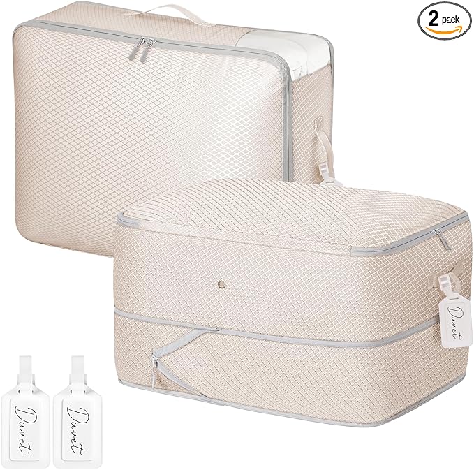 DIMJ 66L Comforter Storage Bag - 2 Pack Space Saving Self Compression Bags for Blankets, Duvets, Pillows, Bedding, and Down Jackets with Clear Window and Handle