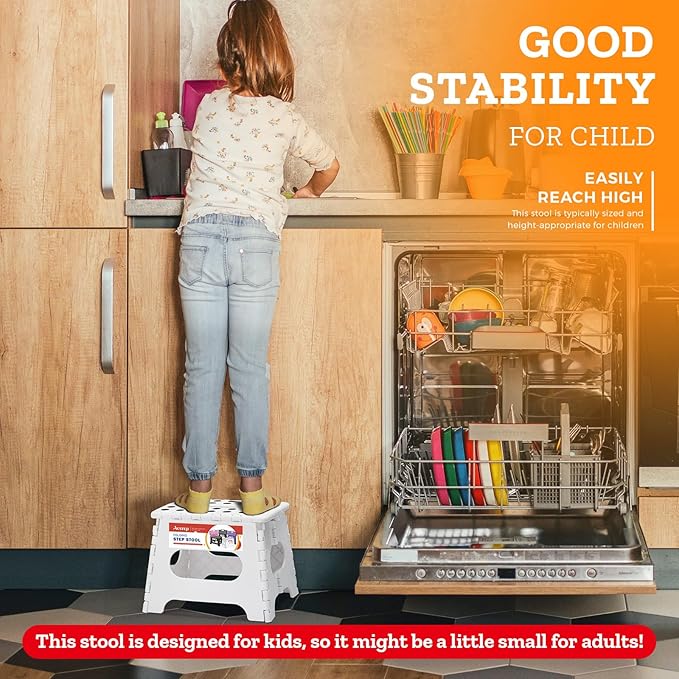 ACSTEP 7.5 Inch Folding Step Stool Foldable Stool Height Kids Step Stool, 176 lb Capacity Plastic Collapsible Stool, White Small Stepping Stools, Foot Stools Suitable for Kitchen