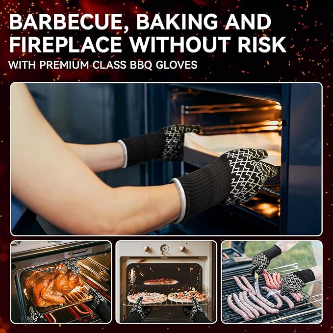 HandLove BBQ Gloves, Oven Gloves with Fingers – Heat Resistant Gloves for Grilling | Silicone Grip, Long Cuff Mitts - Kitchen & Outdoor Barbecue, Cooking, Baking, Black,L