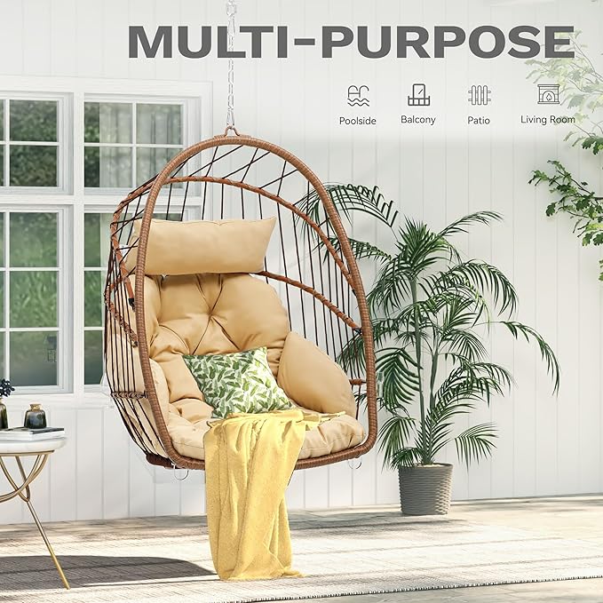 DWVO Egg Chair Without Stand, Basket Chair Hanging Outdoor Rattan Wicker Patio Hammock Indoor Egg Chair with Cushion, Hanging Swing Chair 300lbs for Porch, Garden, Bedroom, Balcony, Beige